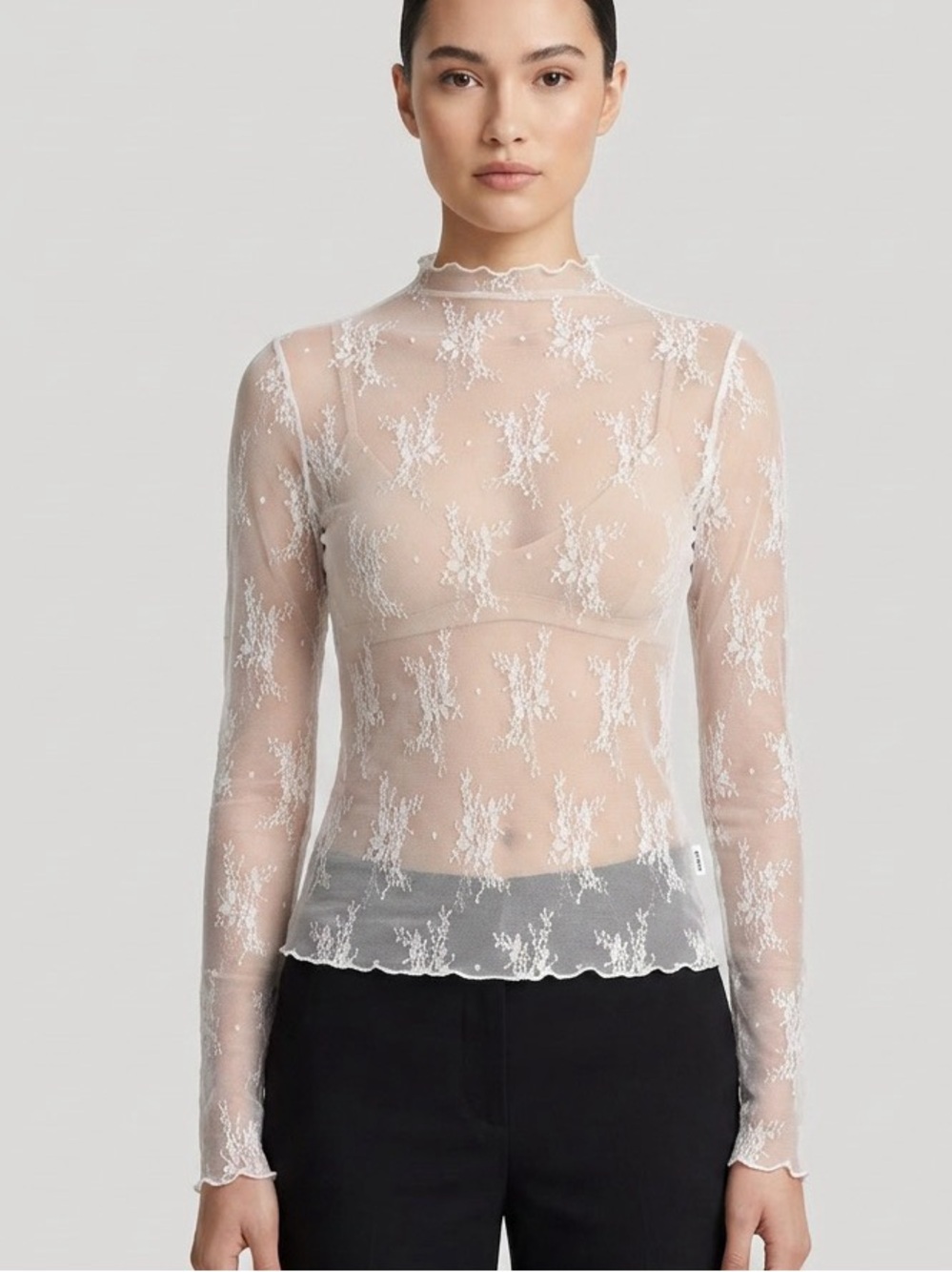 White Floral Lace Long Sleeve Top - Mock Neck/Sheer Size L Y2K Cottagecore Boho